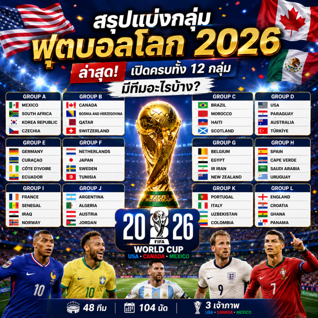 สรุปแบ่งกลุ่มฟุตบอลโลก 2026 ล่าสุด! เปิดครบทั้ง 12 กลุ่ม มีทีมอะไรบ้าง?
