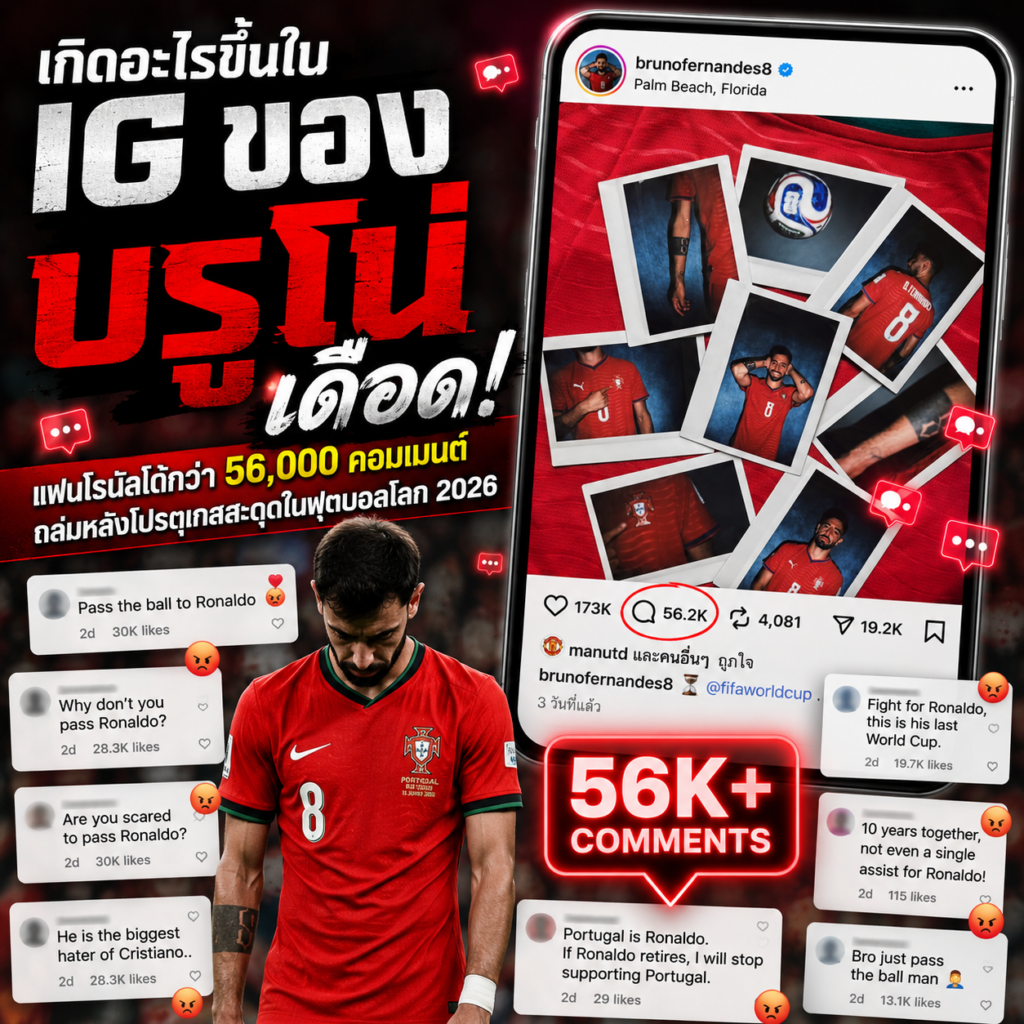 เกิดอะไรขึ้นใน IG ของบรูโน่ เฟอร์นันเดส? เมื่อแฟนโรนัลโด้กว่า 56,000 คอมเมนต์ถล่มหลังโปรตุเกสสะดุดในฟุตบอลโลก 2026