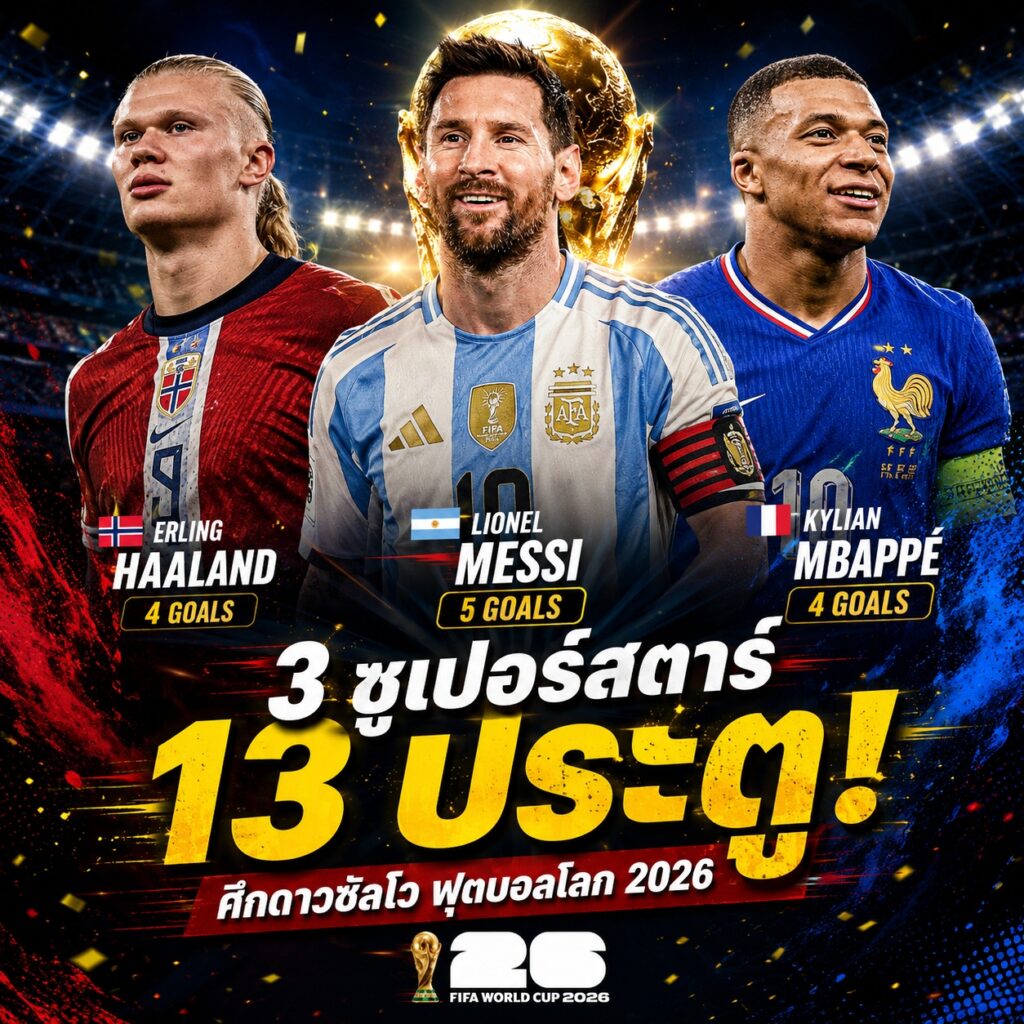 3 ซูเปอร์สตาร์ 13 ประตู! เมสซี่ เอ็มบัปเป้ และฮาแลนด์ จุดไฟศึกดาวซัลโวฟุตบอลโลก 2026