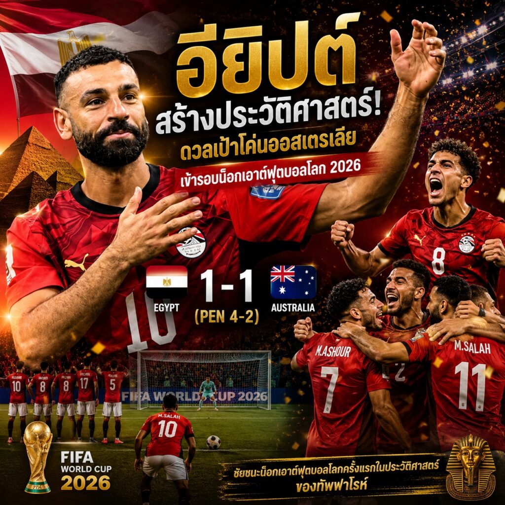 อียิปต์สร้างประวัติศาสตร์! ดวลเป้าโค่นออสเตรเลีย เข้ารอบน็อกเอาต์ฟุตบอลโลก 2026