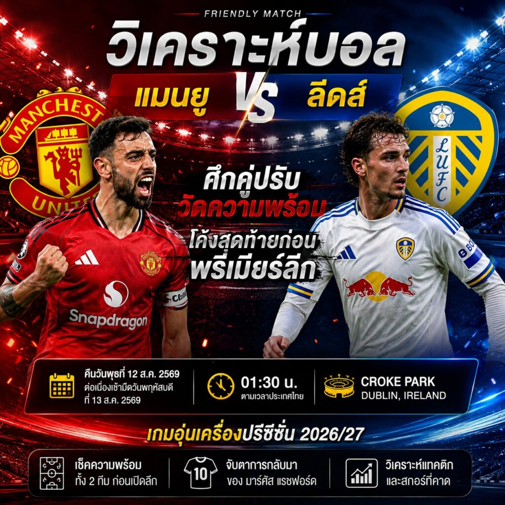 วิเคราะห์บอล แมนยู พบ ลีดส์ 13 สิงหาคม 2569 ศึกคู่ปรับวัดความพร้อมโค้งสุดท้ายก่อนพรีเมียร์ลีก