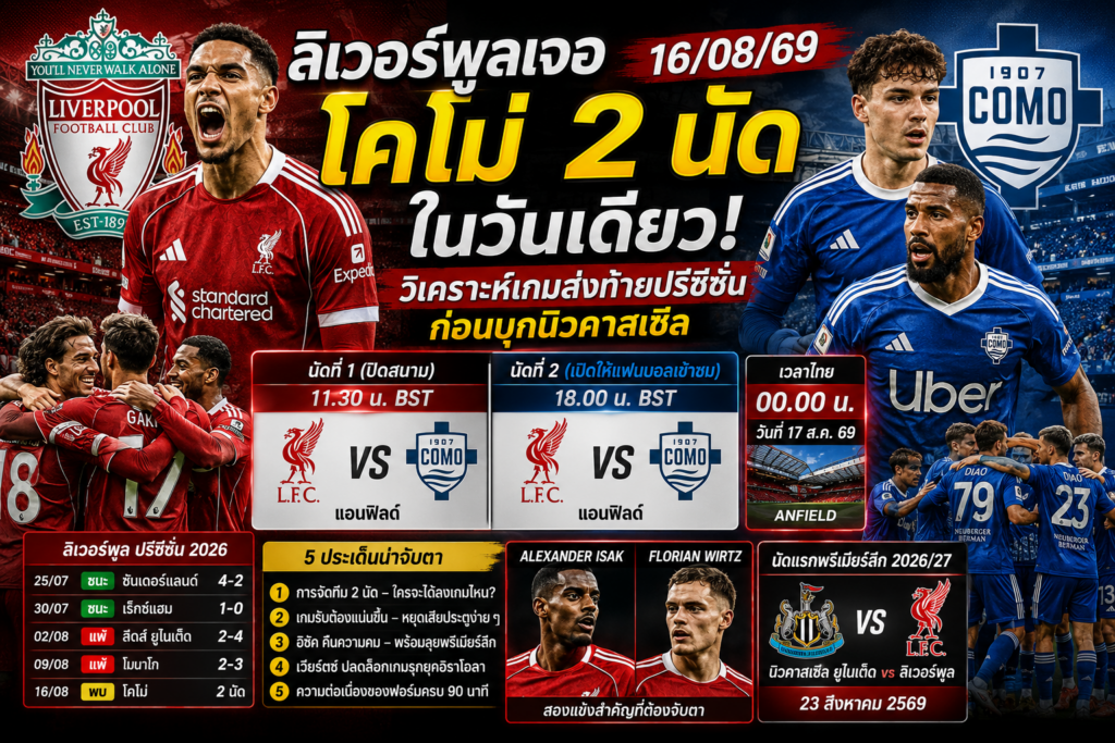 ลิเวอร์พูลเจอโคโม่ 2 นัดในวันเดียว! 16/08/69 วิเคราะห์เกมส่งท้ายปรีซีซันก่อนบุกนิวคาสเซิล