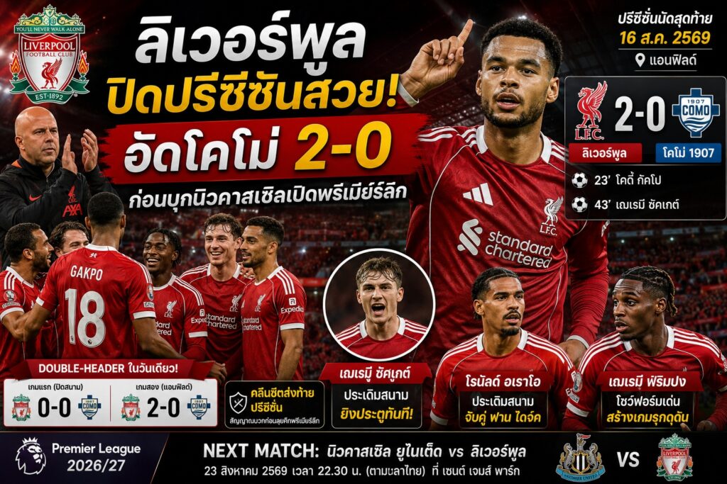 ลิเวอร์พูลปิดปรีซีซันสวย! อัดโคโม่ 2-0 ก่อนบุกนิวคาสเซิลเปิดพรีเมียร์ลีก