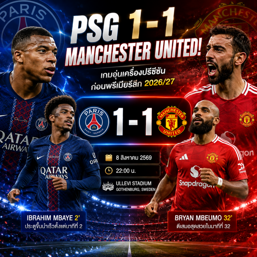 PSG 1-1 Manchester United! 5 สิ่งที่เห็นจากเกมอุ่นเครื่อง ก่อนปีศาจแดงลุยพรีเมียร์ลีก 2026/27