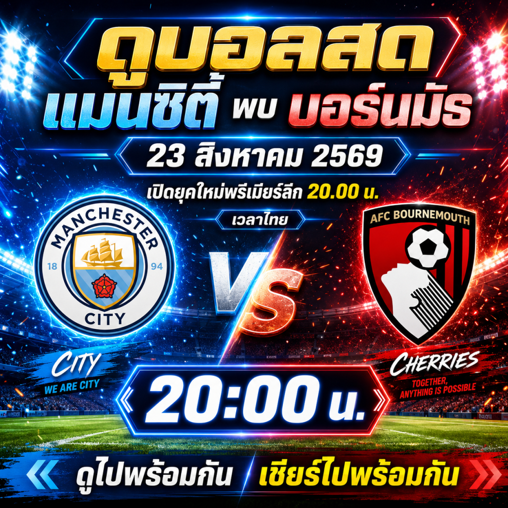 ดูบอลสด แมนซิตี้ พบ บอร์นมัธ 23 สิงหาคม 2569 เปิดยุคใหม่พรีเมียร์ลีก 20.00 น.