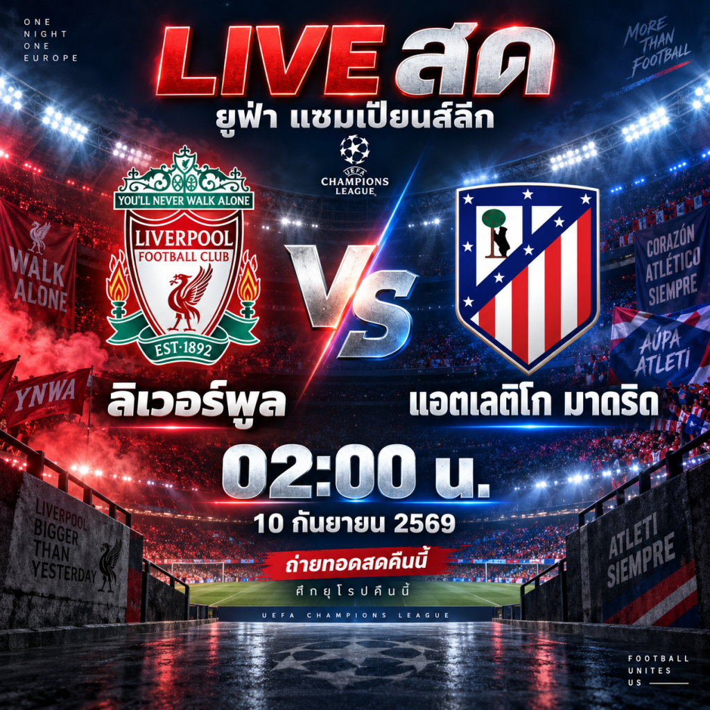 ดูบอลสด ลิเวอร์พูล VS แอตเลติโก มาดริด 10 กันยายน 2569 เวลา 02.00 น. เปิดศึกยูฟ่า แชมเปียนส์ลีก