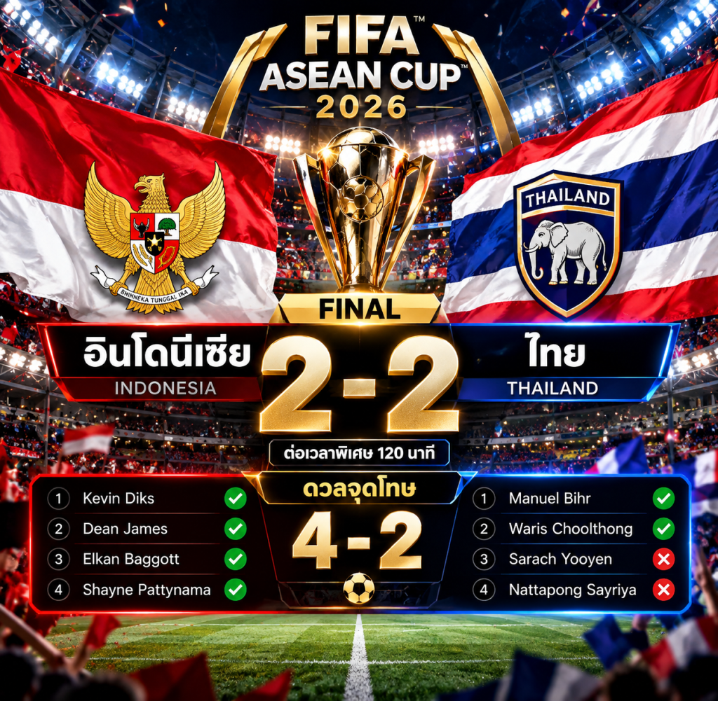 ผลบอล อินโดนีเซีย 2-2 ไทย ก่อนดวลจุดโทษ 4-2 ศึก FIFA ASEAN Cup 2026 รอบชิงชนะเลิศ